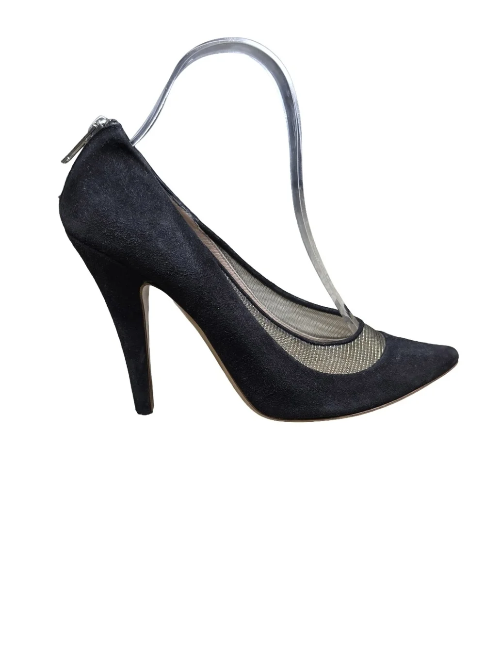 Chloé Black Suede Gold Mesh Back Zip Pointed Toe Heel Pumps 38